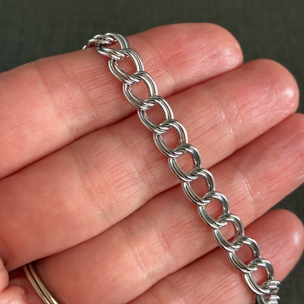 Vintage Sterling Silver Bracelet Double Curb Link Starter Charm Estate 925 7 " - Picture 9 of 10